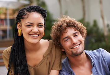 Image showing Couple, portrait and lovers with happiness, smile and love outdoors in backyard, garden and patio. Black woman, male person and diversity for partnership, bonding and summer together in Jamaica