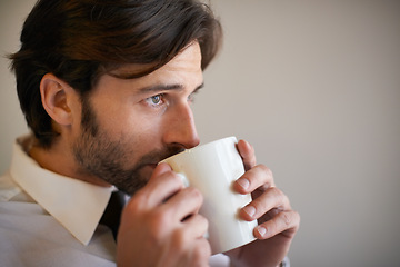 Image showing Face, corporate, man and thinking with coffee for vision in grey background to reflect, imagine and idea for company. Entrepreneur, work and cup for contemplating with plan for startup business.