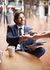 Image showing Cafe, relax and businessman smile for dessert, breakfast and espresso in coffee shop of startup. Male person, joy and muffin for drink and food in morning to work as employee or staff in company