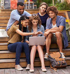 Image showing Students, teamwork or laptop for online research on campus, break or internet on class assignment. Friends, diversity or technology at university for social media or talking for networking in college