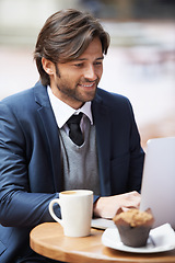 Image showing Businessman, laptop and smile with cafe, entrepreneur and coffee shop with suit and table. Man, broker and news with reading, break and corporate job with mug and restaurant for rest and remote work