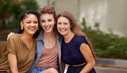 Image showing Friends, women and happy with bonding at outdoor for break with fun, conversation and sharing memory. Diversity, smile and excited with support, care and relax in summer for friendship and positivity