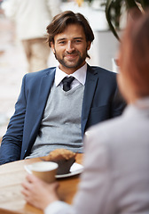 Image showing Partnership, smile and businessman meeting at coffee shop with colleague for collaboration or planning in morning. Team, happy for breakfast and corporate employee at outdoor cafe with coworker