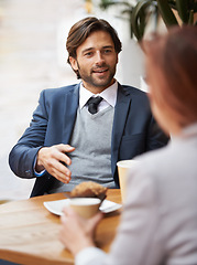 Image showing Smile, talking and businessman meeting at coffee shop with colleague for collaboration or planning in morning. Smile, happy for breakfast and corporate employee at outdoor cafe with coworker