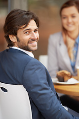 Image showing Portrait, smile and businessman meeting at coffee shop with colleague for collaboration or planning in morning. Face, happy for breakfast and corporate employee at outdoor cafe with coworker