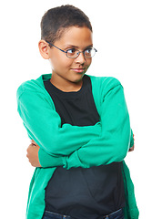 Image showing Boy, attitude and studio thinking with fashion for student, curious and isolated with expression. Child, glasses for vision with dreaming or thoughts of idea with casual outfit and white background
