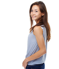 Image showing Portrait, Asian woman and happy with fashion, smile and isolated on white background. Confident, mock up and contemporary learner from Japan with style, student and trendy clothing look over shoulder