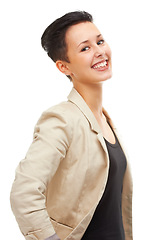 Image showing Portrait, smile and business woman with confidence in studio for job, career and isolated on a white background. Face, professional and happy entrepreneur, employee or consultant working in Spain