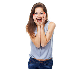 Image showing Portrait, surprise and excited with woman, celebration and announcement isolated on white studio background. Emoji, person or model with expression or girl with victory or winner with reaction or wow