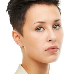 Image showing Face, girl and confident in studio with skincare in white background for woman, wellness and natural glow. Female person, cosmetic and satisfied for results with healthy and smooth look for self care