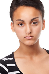 Image showing Portrait, teenager or girl with beauty or skincare in white background for shine, wellness or natural glow. Studio, model or face of woman with pride with dermatology or smooth results for self care