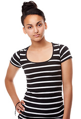 Image showing Studio, portrait or confident student with fashion or trendy style, pride or gen z aesthetic by white background. Egyptian woman, face or casual teenager top or funky clothes in closeup for studies