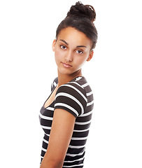 Image showing Studio, portrait and positive student with fashion or trendy style, shine and gen z aesthetic by white background. Egyptian woman, face and casual teenager in top or funky clothes and cool hairstyle