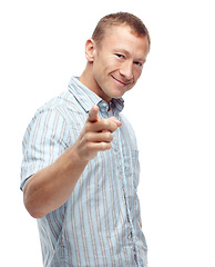 Image showing Man, portrait and point at you in studio for choice, welcome or hiring with opportunity by white background. Person, hand and sign for decision, vote or recruitment drive at human resources startup