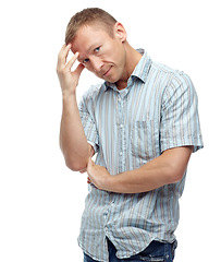 Image showing Portrait, stressed and male model and worried, upset and thinking on isolated white background. Bad news, mental health or migraine for crisis, issue or problem for middle aged fashionable man