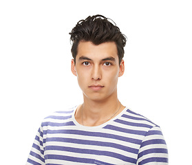 Image showing Portrait, serious and man in shirt for fashion in studio isolated on a white background. Face, confidence and young person, model or student in casual clothes for trendy style on a backdrop in Mexico