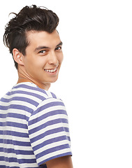 Image showing Portrait, smile and man in studio for fashion isolated on a white background mockup space. Face, confidence or happy young person, model or student in casual clothes for style on a backdrop in Mexico