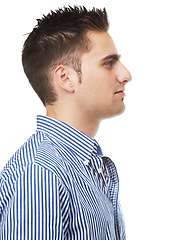 Image showing Studio, man and profile with confidence, stripes and natural style and aesthetic. Model, shirt and thinking with face, idea and vision for looking ahead and future isolated on white background