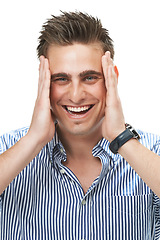 Image showing Portrait, man and laugh for surprise, good news and announcement in studio on white background. Excited, happy and male person with smile for positive, wow, and amazing story, gossip and face