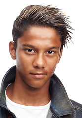 Image showing Man, portrait and face with hairstyle for fashion, cosmetics or salon treatment on a white studio background. Isolated closeup of male person, Indian or young model with hair care, style or grooming