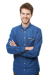 Image showing Happy man, fashion and style with confidence for denim shirt or casual clothing on a white studio background. Male person, ginger or young model with smile or arms crossed in stylish tshirt or outfit