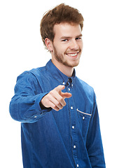 Image showing Happy man, portrait and pointing to you in fashion for decision, choice or pick on a white studio background. Isolated male person, ginger or model with smile for choose, style or clothing on mockup