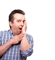 Image showing Fear, alarm and portrait of man in studio with wow news, shock or danger on white background. Anxiety, face and mature male model with scared reaction to mistake, disaster or overwhelmed by crisis