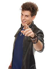 Image showing Happy man, portrait and pointing to you in fashion for choice or pick on a white studio background. Isolated male person with smile for decision, choose or selection in stylish jacket or clothing