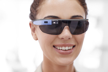 Image showing Augmented reality, woman and portrait with smart glasses for internet, technology or protection from sun. Metaverse, face and happy female person for innovation, futuristic eyewear and fashion.
