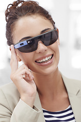 Image showing Augmented reality, portrait and woman with smart glasses for technology, confidence or protection from sun. Metaverse, face and female person in futuristic eyewear for fashion, web and innovation.