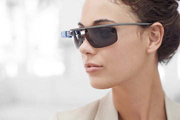 Image showing Augmented reality, face and businesswoman with smart glasses, internet connection and mockup in office. Future technology, workplace and happy girl with designer VR sunglasses, vision and electronics