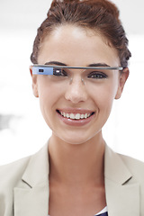 Image showing Virtual reality, portrait and businesswoman with smart glasses for internet connection in office. Future technology, workplace and happy girl with designer VR eyewear, vision and online communication