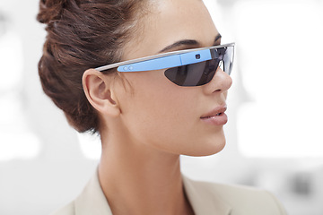 Image showing Augmented reality, face and woman in smart glasses, internet connection and online business in office. Future technology, workplace and consultant with designer VR sunglasses, vision and electronics