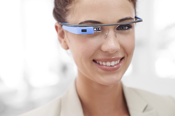 Image showing Virtual reality, portrait and woman with smart glasses for internet connection in office. Future technology, google and agent with designer VR eyewear, vision and online business communication