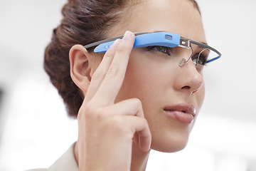 Image showing Augmented reality, connection and businesswoman with smart glasses for internet network in office. Future technology, workplace and girl with designer VR eyewear, vision and online communication.