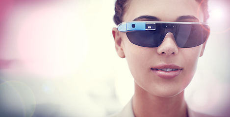 Image showing Augmented reality, portrait and woman with smart glasses, internet connection and mockup in office. Future technology, workplace and girl with designer VR sunglasses, vision and high tech electronics