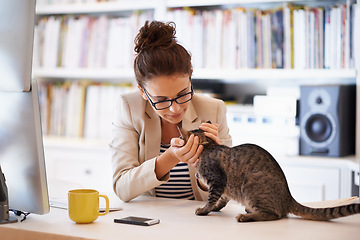 Image showing Woman, cat and home office at computer with love for pet as freelance journalist for proposal research, article or connectivity. Female person, animal and care or virtual career, review or online