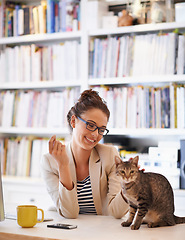 Image showing Woman, cat and home office or smile with pet love as freelance music journalist or proposal job, article or cellphone. Female person, animal and care in apartment, virtual career, coffee or owner