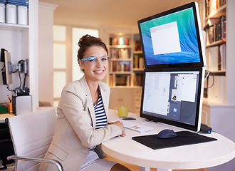 Image showing Woman, portrait and smart glasses at computer screen with dual multi monitor for tech startup, futuristic or innovation. Female person, face and home office with connection eyewear, cyber or online