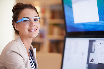 Image showing Portrait, business woman and smart glasses by computer in startup office. Face, professional or creative graphic designer on desktop with future technology for happy entrepreneur working in Australia