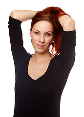 Image showing Portrait, red hair and woman with beauty, cosmetics and keratin treatment for redhead with mockup space. Cosmetology, haircare and model from Russia with texture, growth and shine on white background