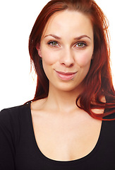 Image showing Portrait, hair and woman with beauty, cosmetic care and keratin treatment for redhead with headshot. Cosmetology, haircare and model from Russia with texture, growth and shine on white background