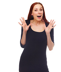 Image showing Wow, portrait and woman with surprise hands in studio for news, deal or unexpected information on white background. Omg, face and female model with shock emoji for gossip, secret or promotion offer