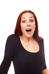 Image showing Portrait, excited and surprise with woman, announcement and model isolated on a white studio background. Face, girl and person with expression and shocked with reaction and news with wow and emoji