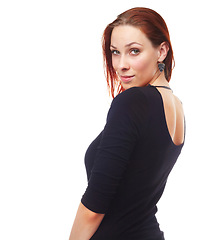 Image showing Fashion, portrait and ginger woman in studio isolated on a white background mockup space. Face, confidence and person in casual clothes, trendy and model in stylish outfit in Sweden on a backdrop