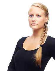 Image showing Beauty, skin and cosmetics for woman in studio on white backdrop. Model, stoic looking and isolated with mockup in shirt and minimal makeup or treatment for healthy or natural face with clean glow