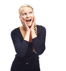 Image showing Happy, excited and surprise with woman, reaction and model isolated on a white studio background. Emoji, girl and person with expression and shocked with omg and good news with wow and winner