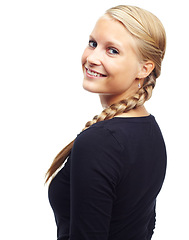 Image showing Woman, portrait and fashion with hairstyle in studio for cool, style and trendy with confidence. Female person, earrings and face with smile for casual, beauty and happiness on white background