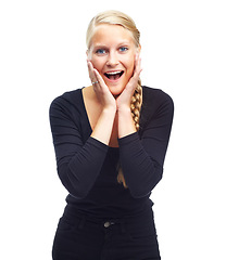 Image showing Wow, woman and portrait in studio with happiness for announcement, gossip or discount deal with wtf expression. Person, face and surprised with good news, winner and sale offer on white background