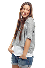 Image showing Woman, portrait and student for streetwear in studio, casual style and confidence on white background. Female person, smile and fashion for satisfaction, cool and aesthetic for clothes or outfit